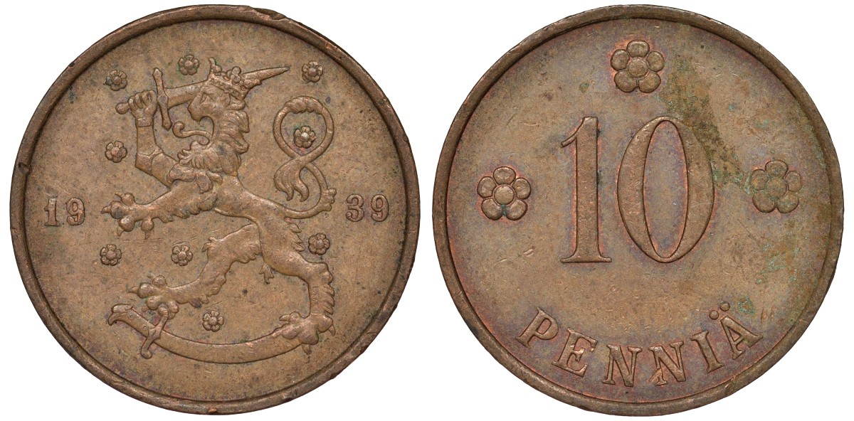 Финляндия 10 пенни 1939 KM 24 медь 51-3121