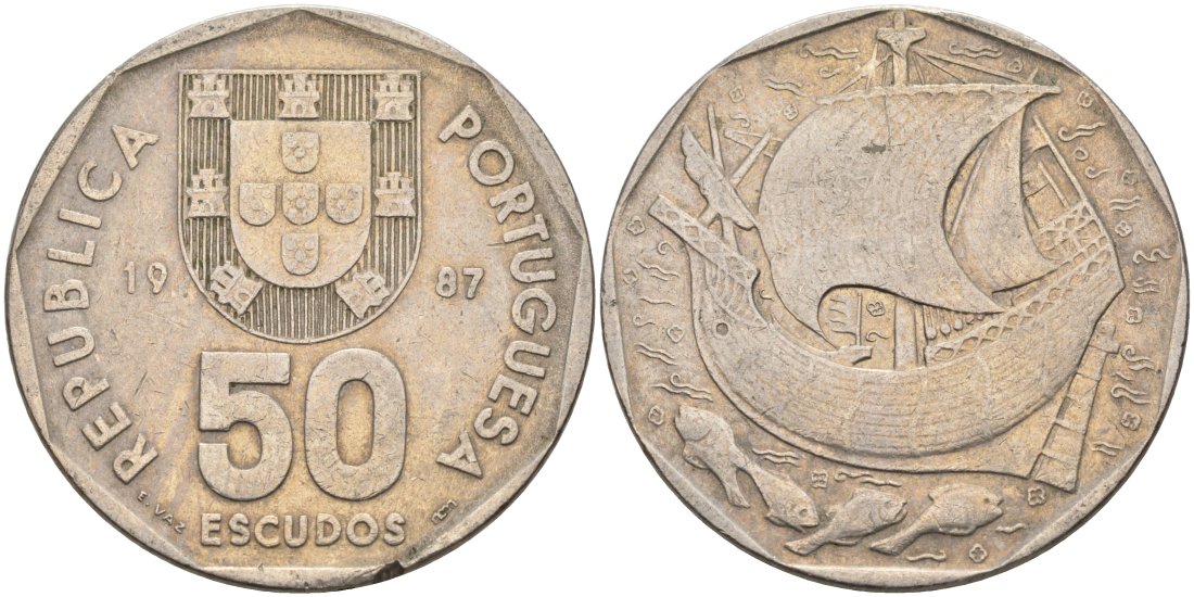 Португалия 50 эскудо 1987 парусник KM 636 медно-никель 4572-1123