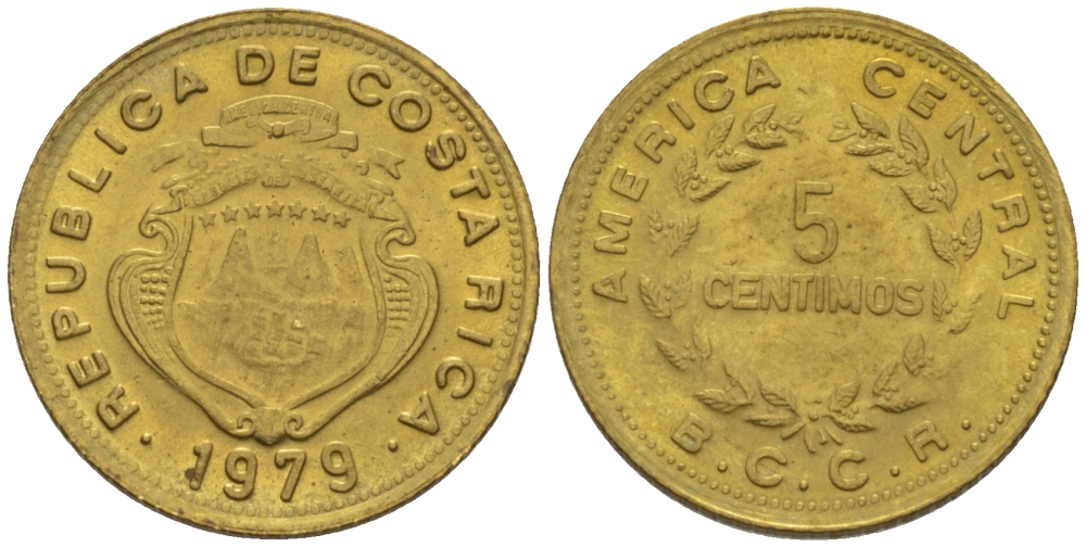 КОСТА-РИКА 5 СЕНТИМО 1979 g KM 184.3а латунь 66-544
