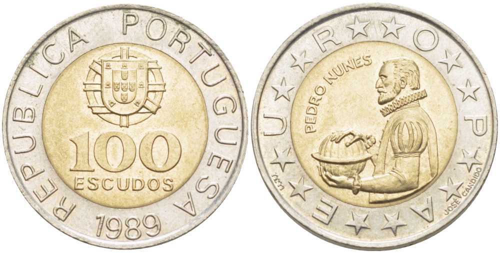 Португалия 100 эскудо 1989 Педру Нуниш (1502-1578), математик KM 645.1 биметалл 110-351