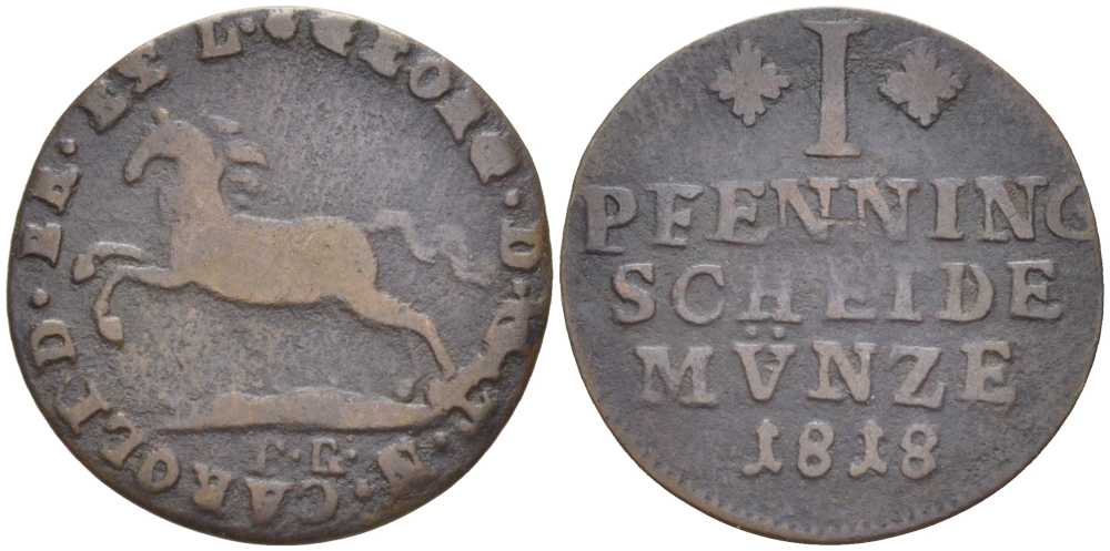 БРАУНШВЕЙГ-ВОЛЬФЕНБЮТТЕЛЬ 1 ПФЕННИГ 1818 FR, КАРЛ II (ГЕОРГ III КОРОЛЬ БРИТАНИИ) (1815-1820) KM 1068 медь 210-136