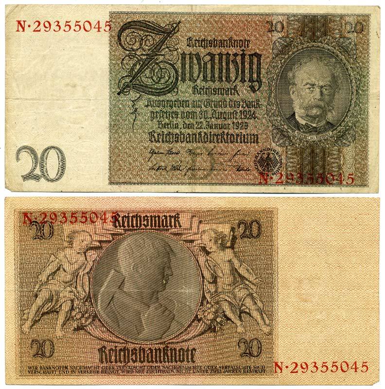 ГЕРМАНИЯ 20 РЕЙХСМАРОК 1929 Pick 181a бумага 3295-73-2