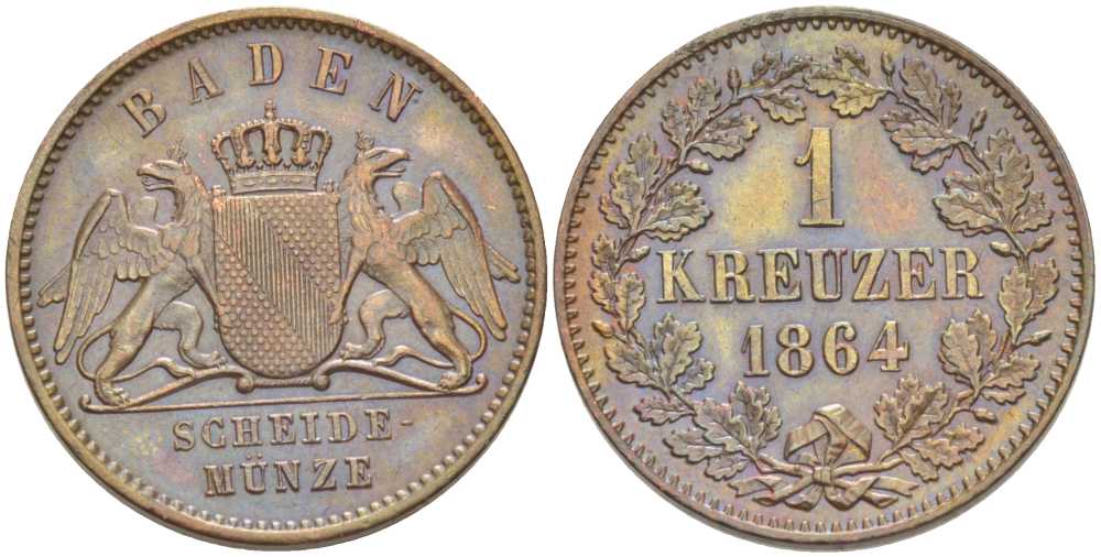 Баден 1 крейцер 1864 Великий Герцог Фридрих I (1856-1907) КМ 242 медь 117-833