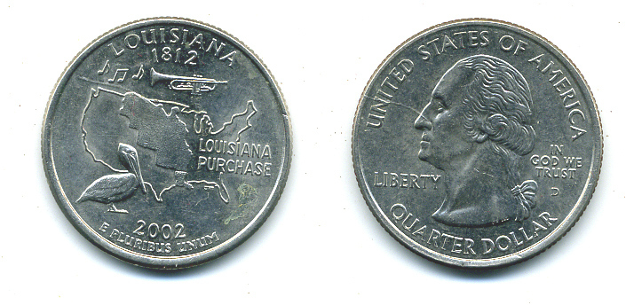 США 25 центов = квотер 2002 D, серия штаты США, Луизиана KM 333 медь плакированная медно-никелем 4388-831