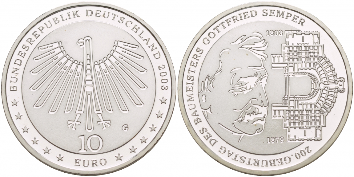 ФРГ 10 евро 2003 G, 200 лет Готфриду Земперу KM 227, DE.S. 10.11 серебро PROOF 1087-7-43