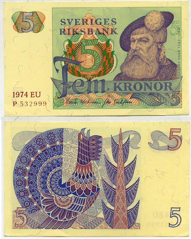 Швеция 5 крон 1974 EU, Густав I Ваза Pick 51c бумага aUNC 445-33-2