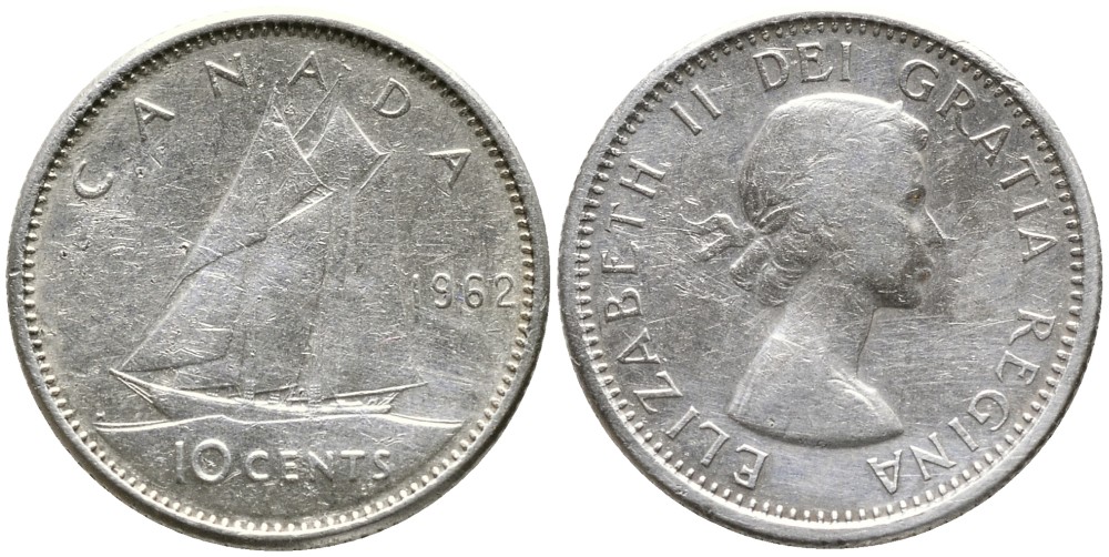 Канада 10 центов 1962 Елизавета II (1952-2022), парусник KM 51 серебро 4532-761
