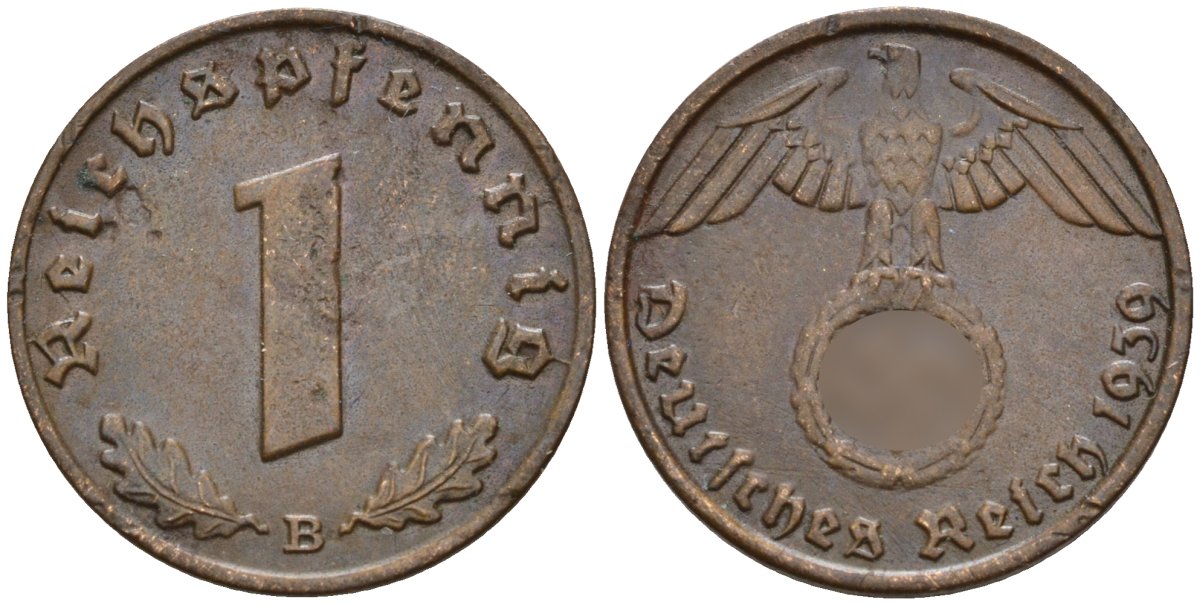 Германия 1 рейхспфенниг 1939 B KM 89, J. 361 бронза 4147-1168
