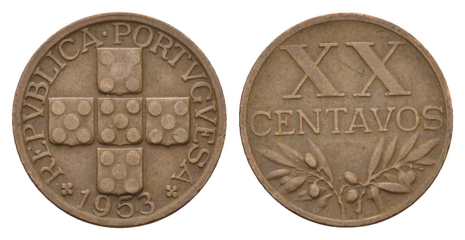 Португалия 20 сентаво 1953 KM 584 бронза 4651-768