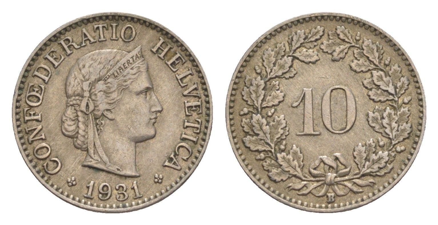 Швейцария 10 раппенов 1931 B KM 27 медно-никель 4609-422