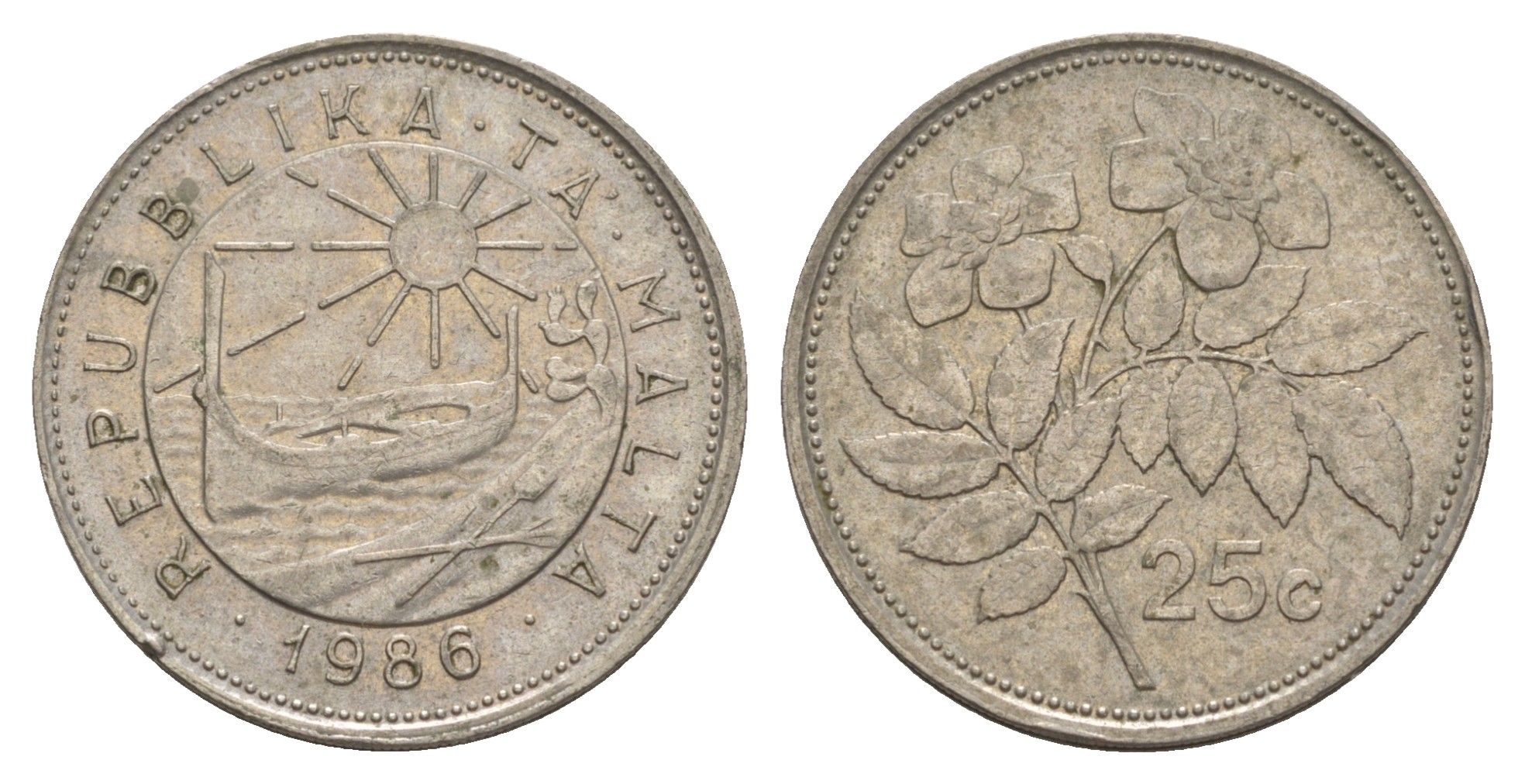 Мальта 25 центов 1986 шиповник вечнозелёный KM 80 медно-никель 4650-637