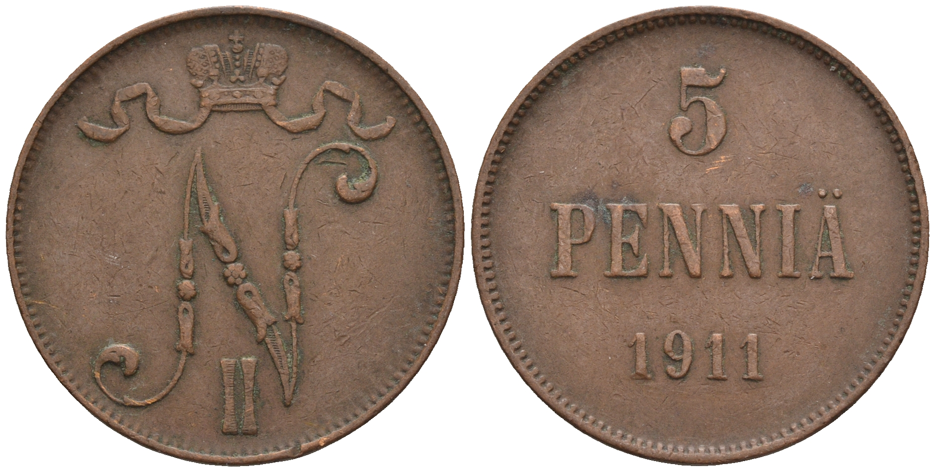 Россия для Финляндии 5 пенни 1911 Николай II (1894-1917) KM 15, Биткин 451 медь 85-316