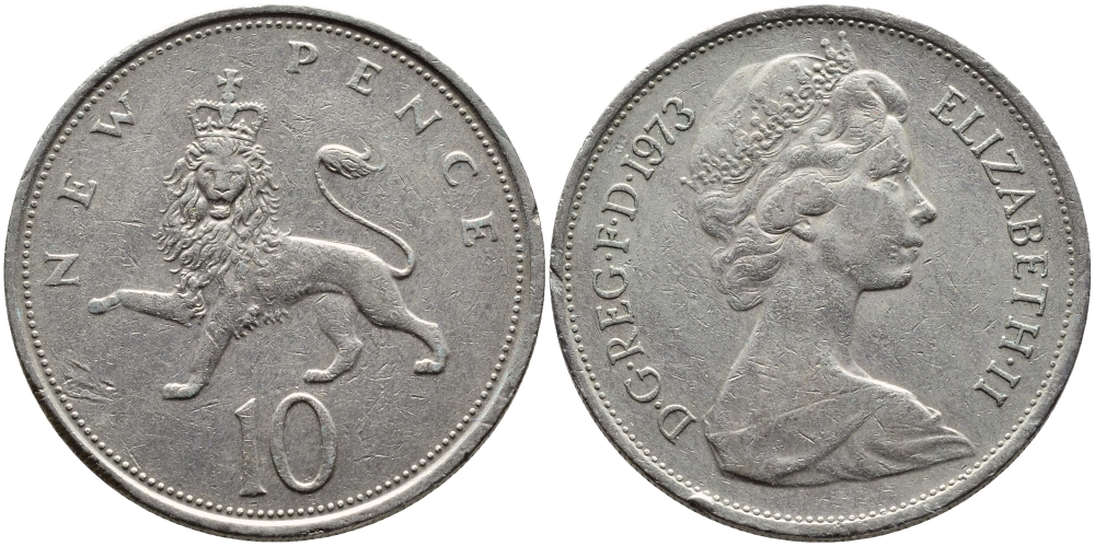 Великобритания 10 пенсов 1973 Елизавета II (1952-2022) KM 912, Spink 4231 (F1) медно-никель  4389-846