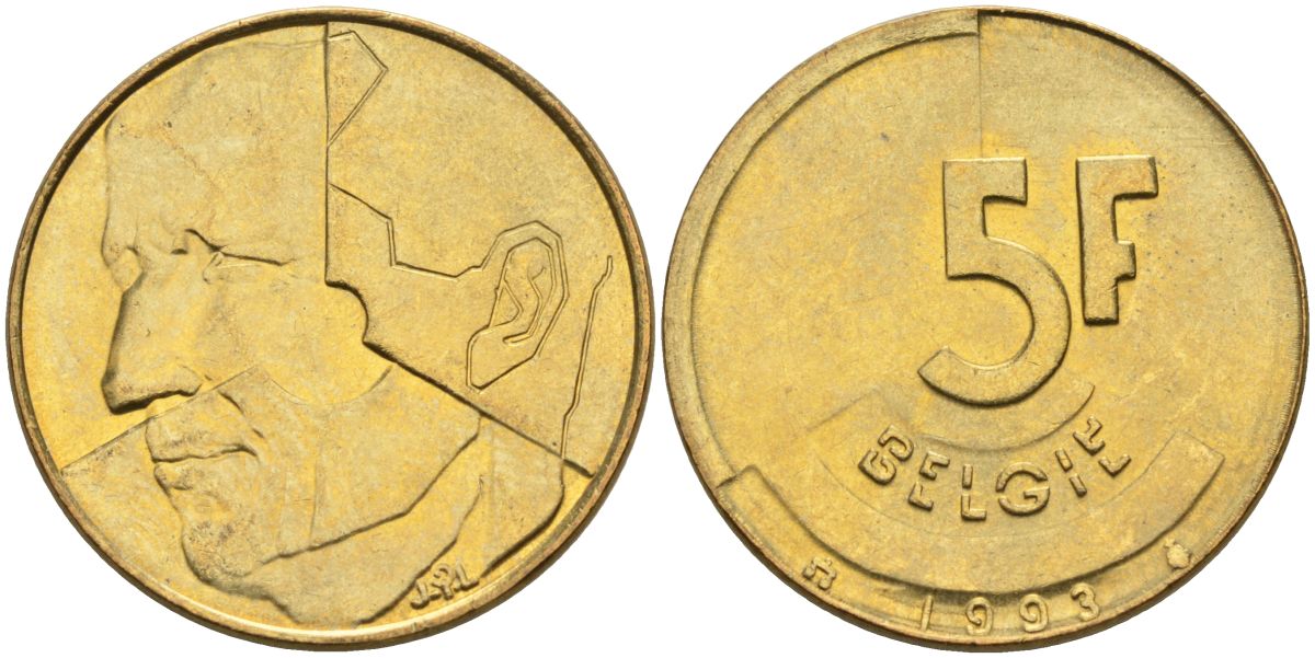 Бельгия 5 франков 1993 Belgie KM 164 алюминиевая бронза 4126-313