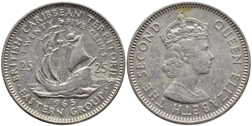 Британские Восточно-Карибские территории 25 центов 1965 Елизавета II (1952-2022), парусник KM 6 медно-никель 87-324