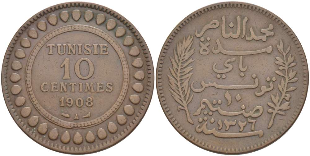 Тунис 10 сантимов 1908 АН1326, Мухаммад V ан-Насир KM 236 бронза 4526-221