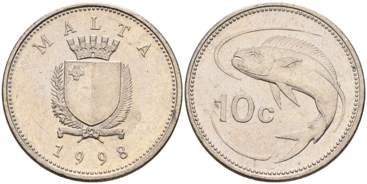 Мальта 10 центов 1998 золотая макрель KM 96 медно-никель 4588-252