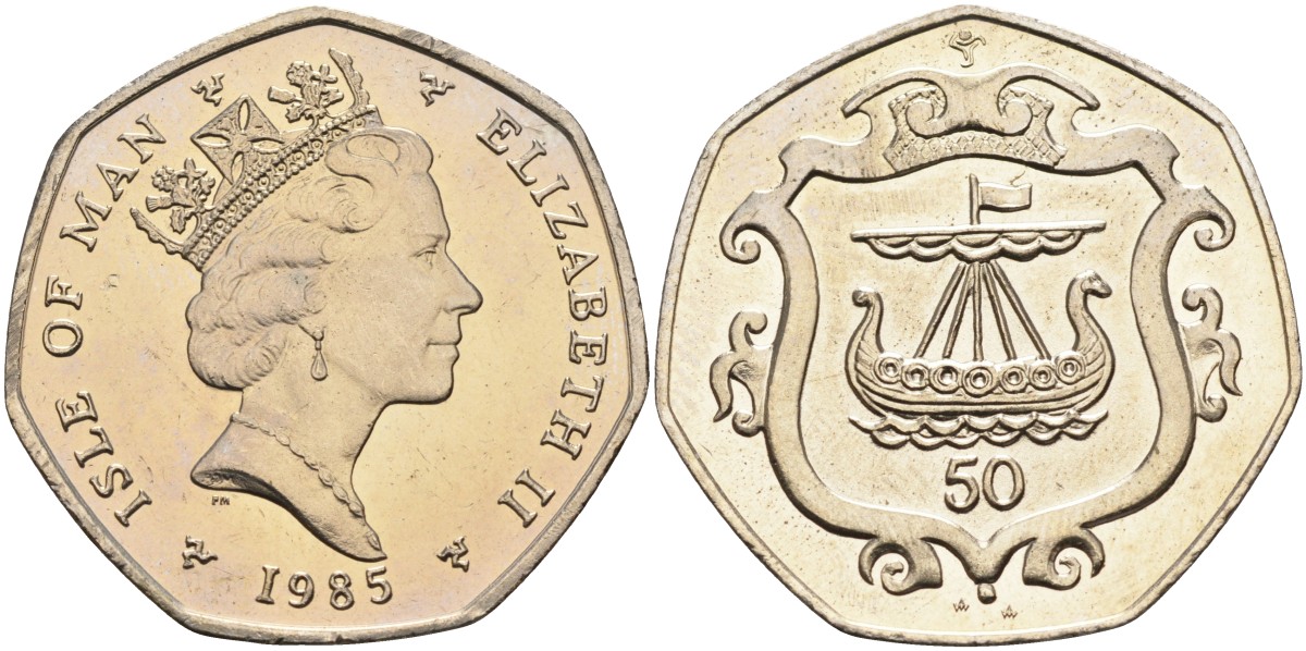 Остров Мэн 50 пенсов 1985 АА, корабль викингов, Елизавета II (1952) KM 148 медно-никель UNC 4583-643