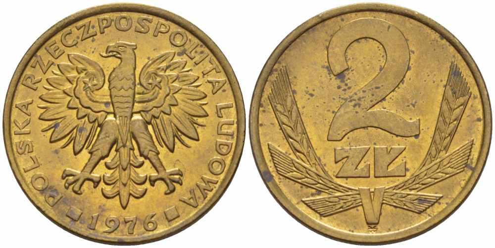 Польша 2 злотых 1976 Ленинградский монетный двор (ЛМД) KM 80.1, Parchimowicz 217b латунь 60-324