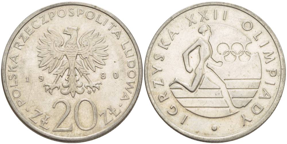 Польша 20 злотых 1980 MW, XXII летние Олимпийские Игры, Москва 1980, бегун KM 108, Parchimowicz 252 медно-никель 4542-1133