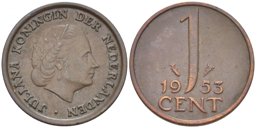 Нидерланды 1 цент 1953 Юлиана (1948-1980) КМ 180 бронза 3457-1268