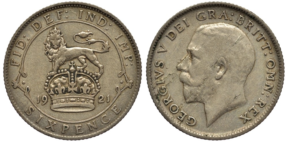 Великобритания 6 пенсов 1921 Георг V (1910-1936) KM 815а.1, Spink 4024 серебро 4538-152