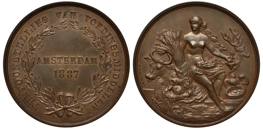 Нидерланды медаль 1887 пищевая выставка в Амстердаме. богиня с кукурузой, голова оленя и быка, эротика, 58 мм Zw.761 бронза UNC 1072-4-43