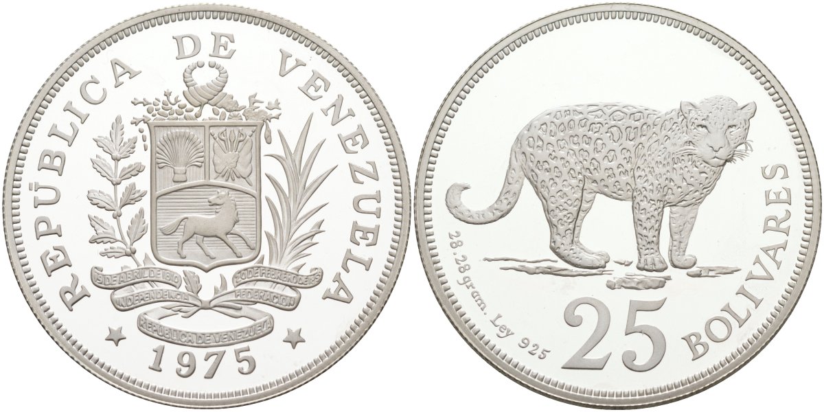 Венесуэла 25 боливаров 1975 ягуар, тираж 8217 экз. KM 46 серебро PROOF 00-000-00