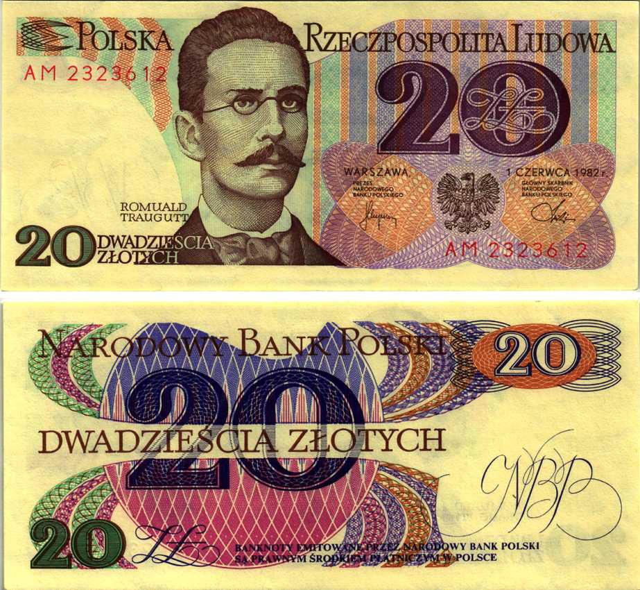 Польша 20 злотых 1982 Ромуальд Траугутт, в серии 2 буквы Pick 149 a (2) бумага аUNC 7183-43-1-2