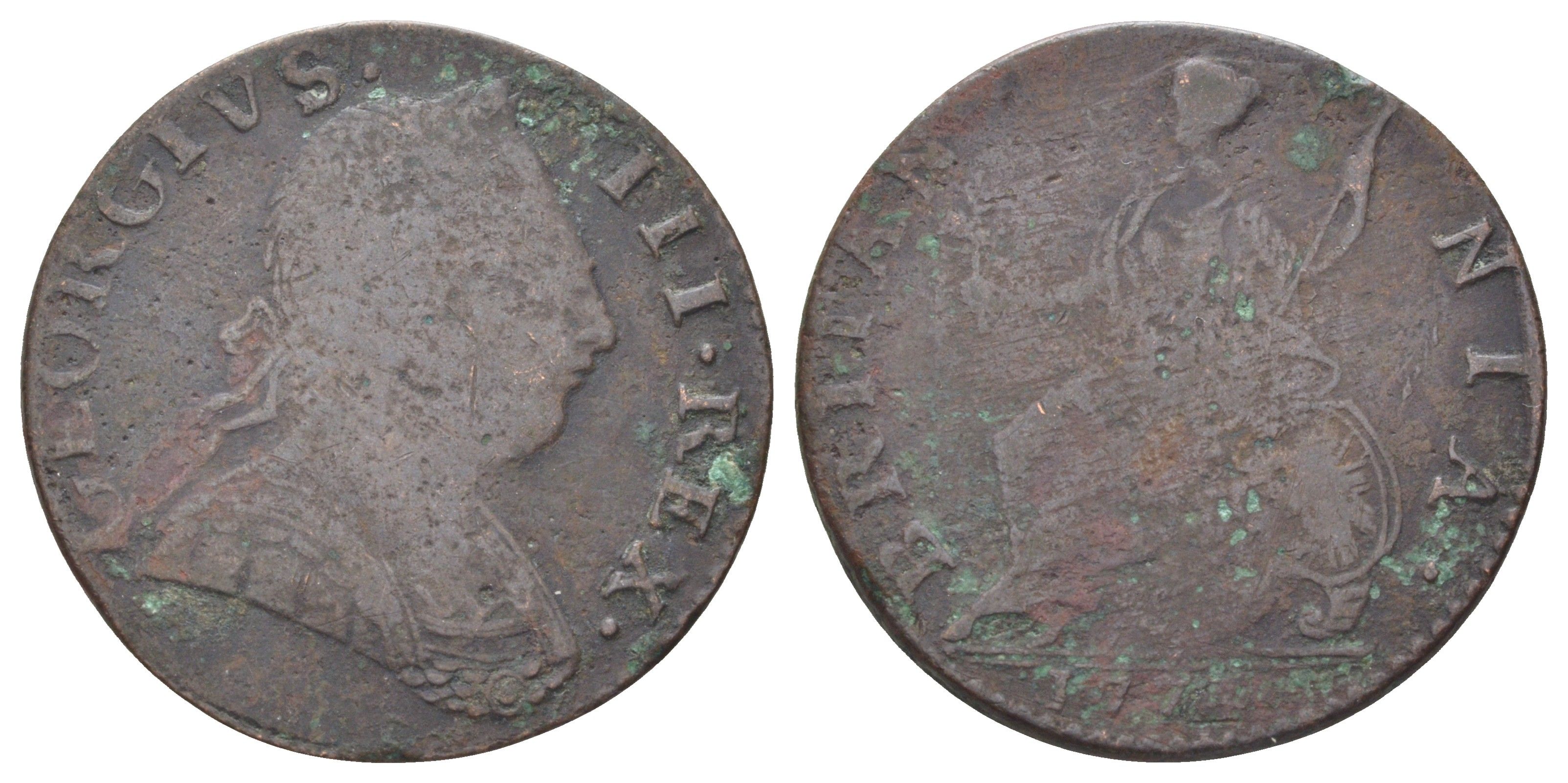 Великобритания 1/2 пенни 1770-1775 Георг III (1760-1820) KM 601, Spink 3774 медь 4707-912