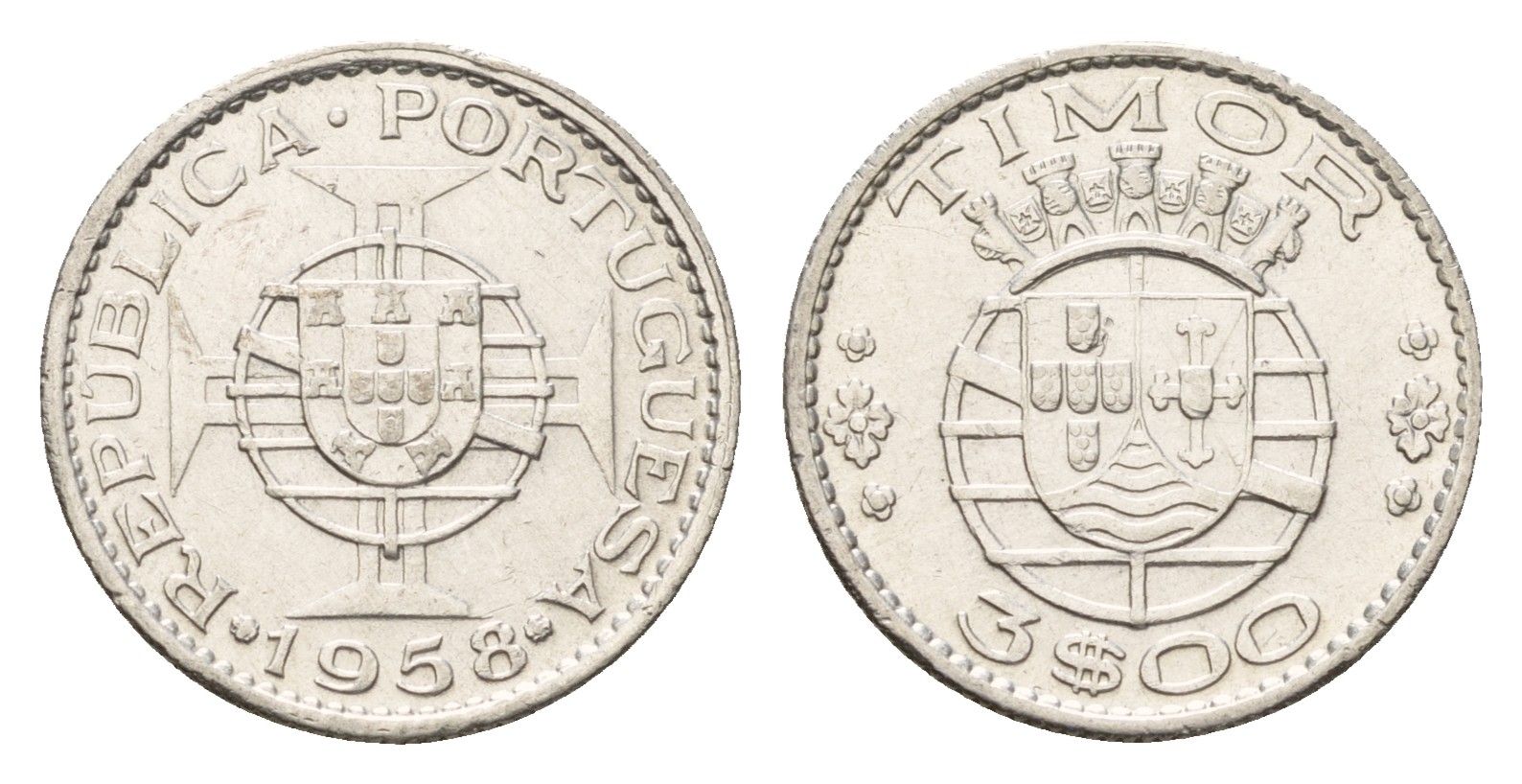 Португальский Тимор 3 эскудо 1958 год-тип KM 14 серебро 4669-757