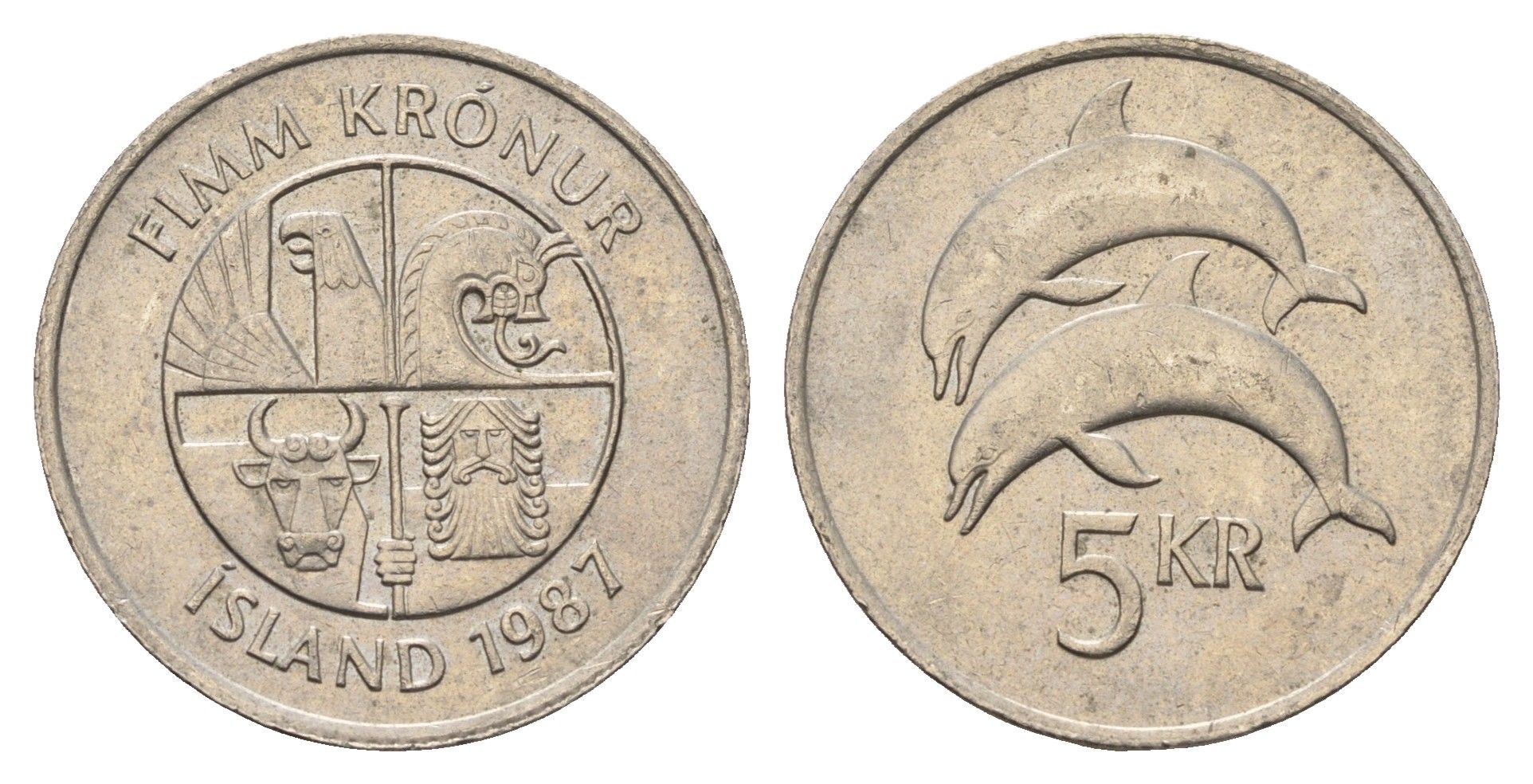 Исландия 5 крон 1987 дельфины KM 28 медно-никель 4589-852