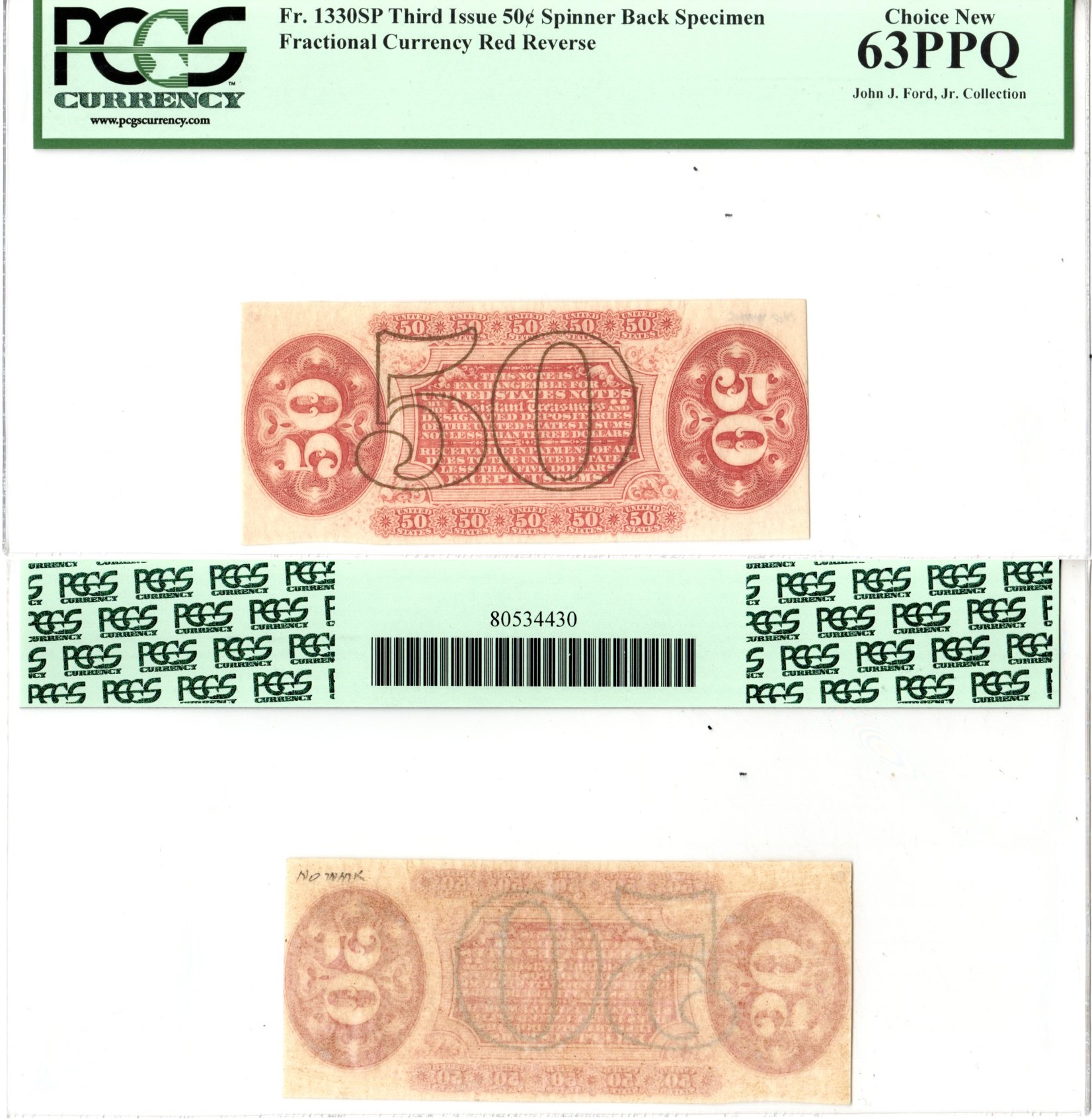 США, Fractional Currency 50 центов ND Образец реверса - Specimen. Цвет красный. Третий выпуск. В холдере компании PCGS Currency. Сохранность - «63 PPQ» Friedberg № 1330-SP бумага 452-3-63
