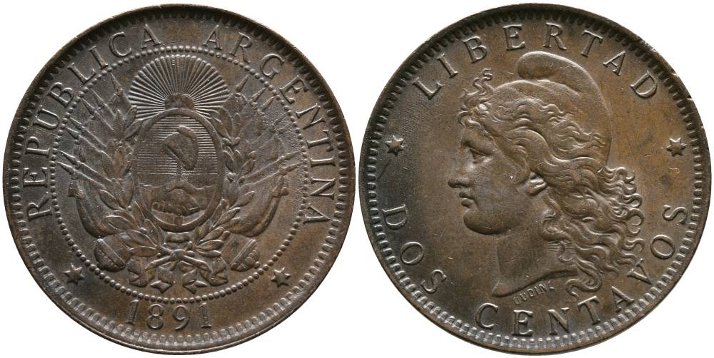 Аргентина 2 сентаво 1891 голова свободы влево KM 8 бронза 4531-1113