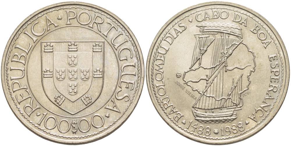 Португалия 100 эскудо 1988 серия золотой век португальских открытий, Бартоломеу Диаш KM 642 медно-никель UNC 4537-514