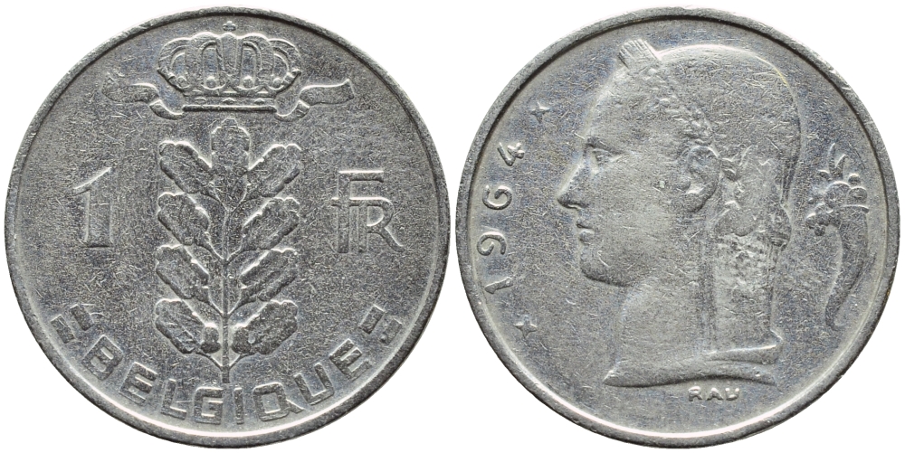 БЕЛЬГИЯ 1 ФРАНК 1964 BELGIQUE KM 142.1 медно-никель 4388-646