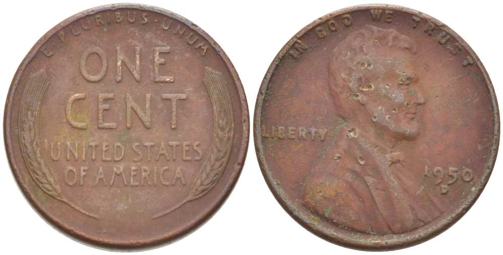 США 1 ЦЕНТ 1950 D, ЛИНКОЛЬН KM А132 медь цинк 218-544