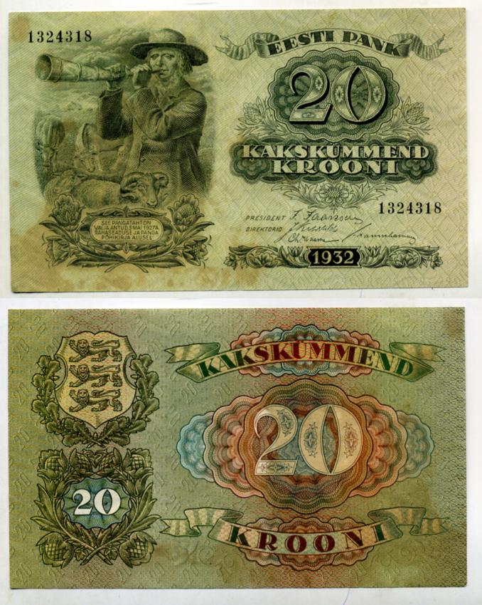Эстония 20 крон 1932 пастух Pick 64 a бумага 7375-12-2-2