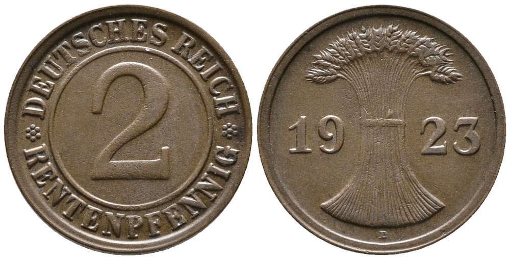 ГЕРМАНИЯ 2 РЕНТЕНПФЕННИГА 1923 D KM 31, J. 307 бронза 24-417