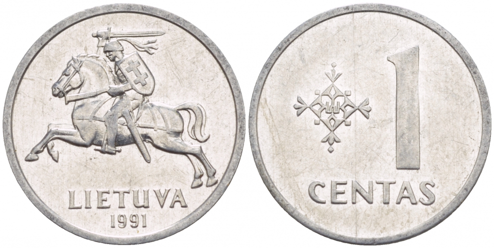 ЛИТВА 1 ЦЕНТ 1991 ГОД ТИП KM 85 алюминий UNC 4547-1145