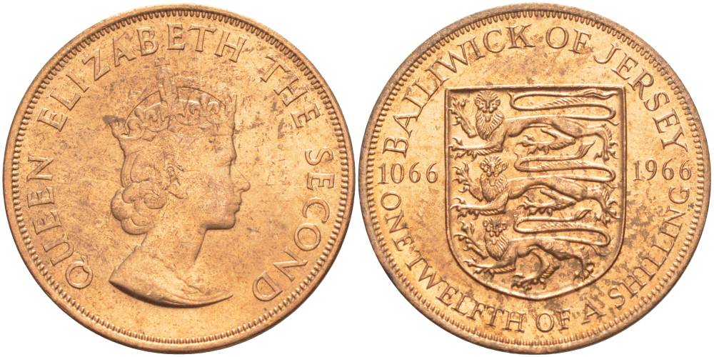 Джерси 1/12 шиллинга 1966 900 лет Нормандскому завоеванию KM 26 бронза UNC 4542-723