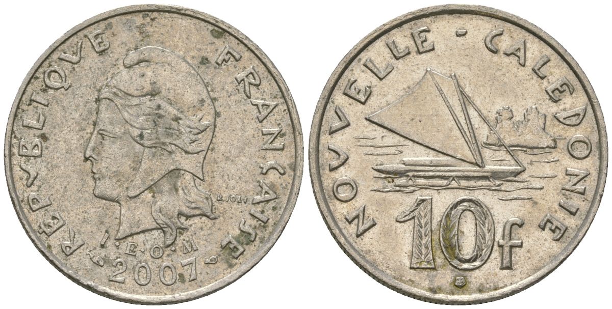 Французская Новая Каледония 10 франков 2007 рыбачья парусная лодка, (IEOM) KM 11a, Schoen 13a, Lec 99k медно-никель 56-333