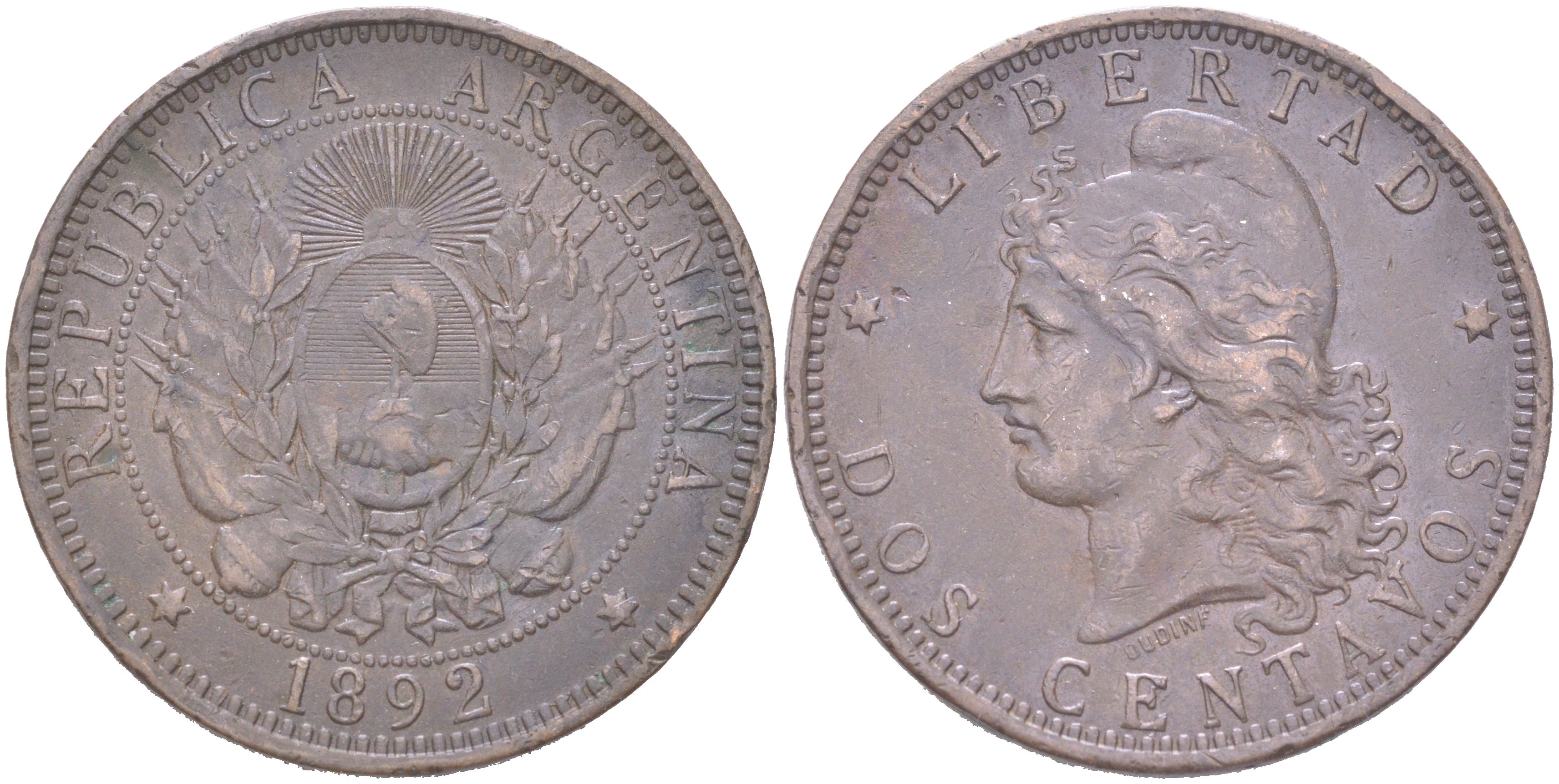 Аргентина 2 сентаво 1892 KM 33 бронза 4394-242