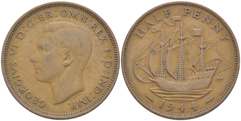 Великобритания 1/2 пенни 1944 Георг VI (1936-1952) KM 844, Spink 4115 бронза 59-1334