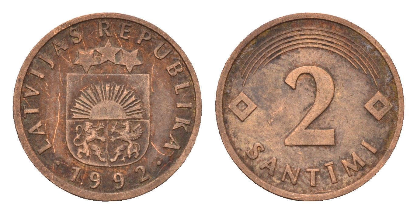 Латвия 2 сантима 1992 KM 21 сталь плакированная медью 105-526