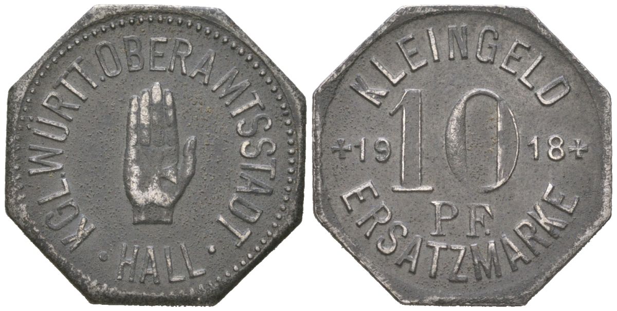 Швебиш-Халль 10 пфеннигов 1918 Funck 186.8, Men18 12736.8 железо 4617-242