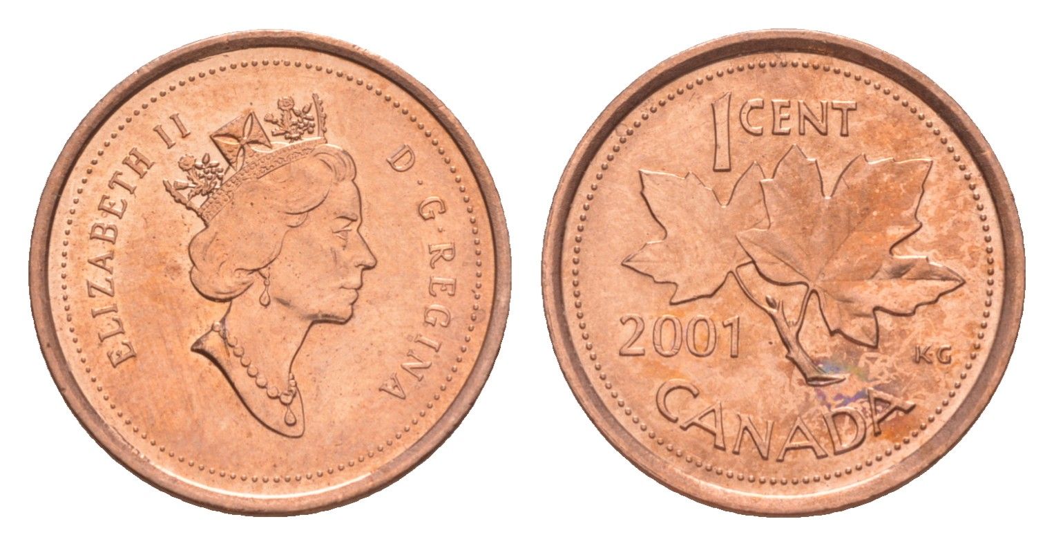 Канада 1 цент 2001 Елизавета II (1952-2022), кленовый лист KM 289 цинк плакированный бронзом UNC 4639-417