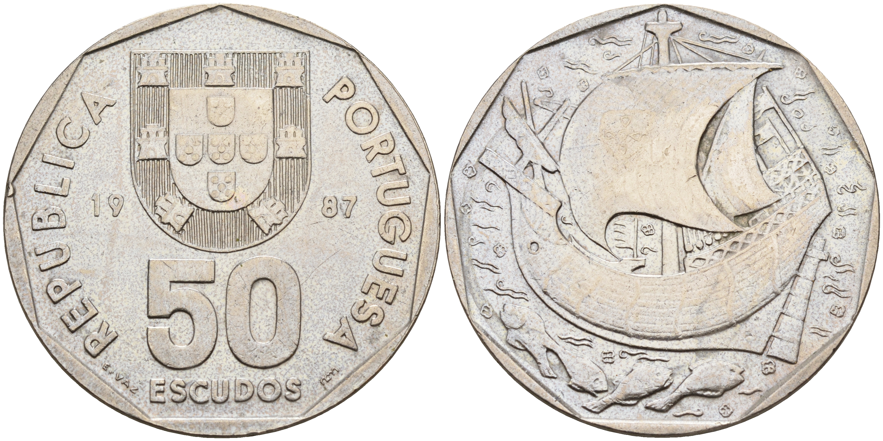 Португалия 50 эскудо 1987 парусник KM 636 медно-никель    4157-734