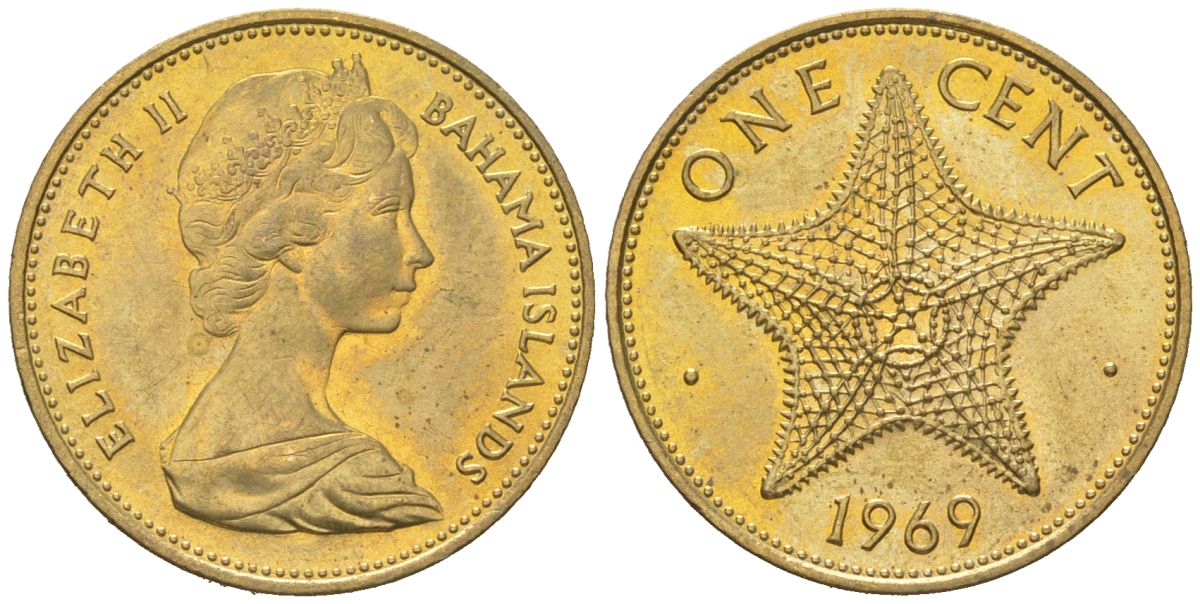 Багамские острова (Багамы) 1 цент 1969 KM 2 никель латунь UNC 4580-1112
