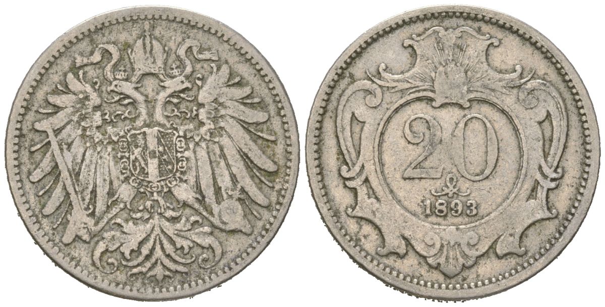 Австрия 20 геллеров 1893 Франц Иосиф (1848-1916) KM 2803 никель 4615-711